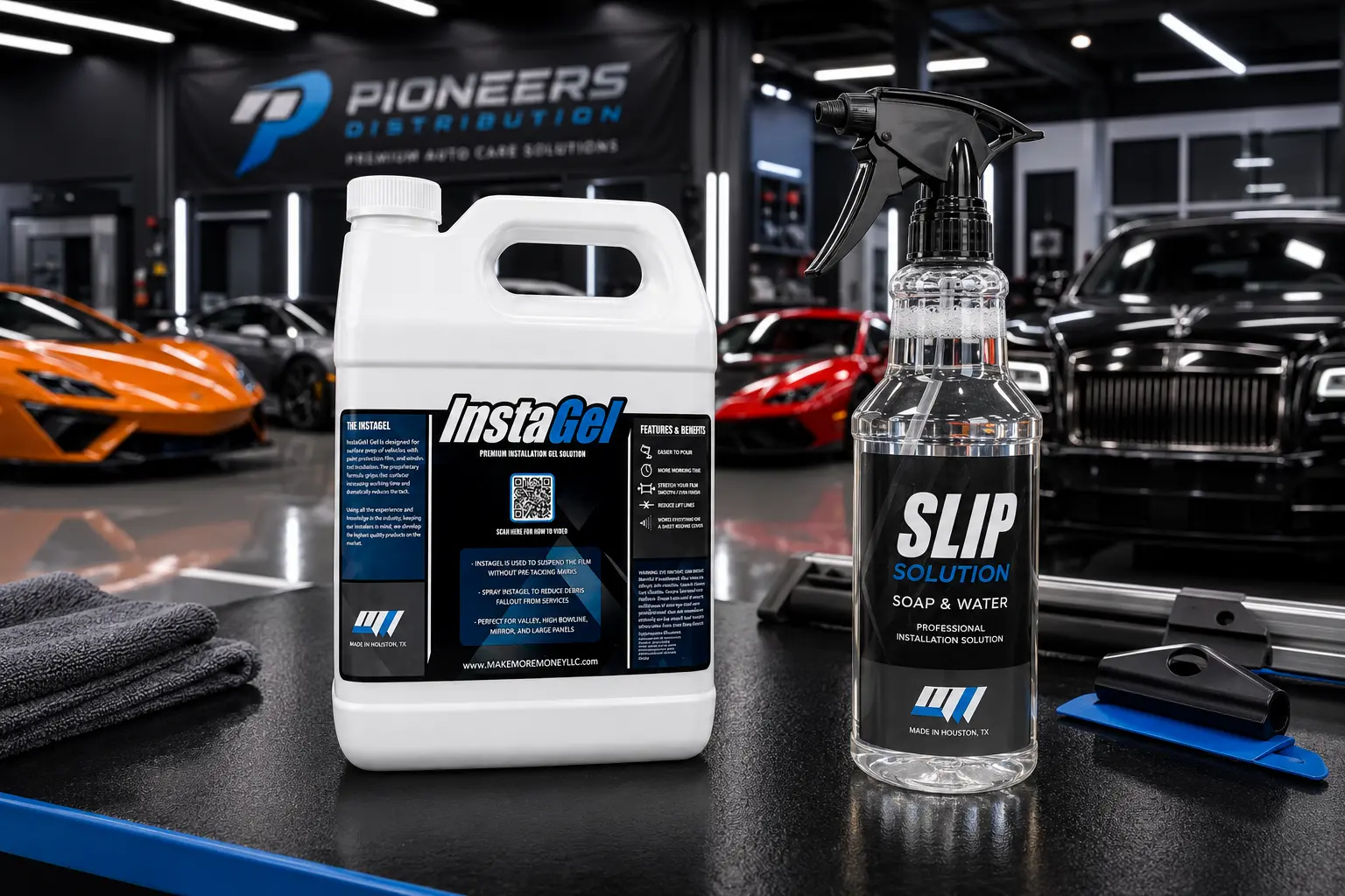 PPF installation gel bottle next to slip solution spray bottle — comparison for paint protection film installers