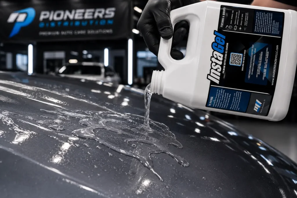 PPF installation gel being applied to car surface showing thick viscous consistency