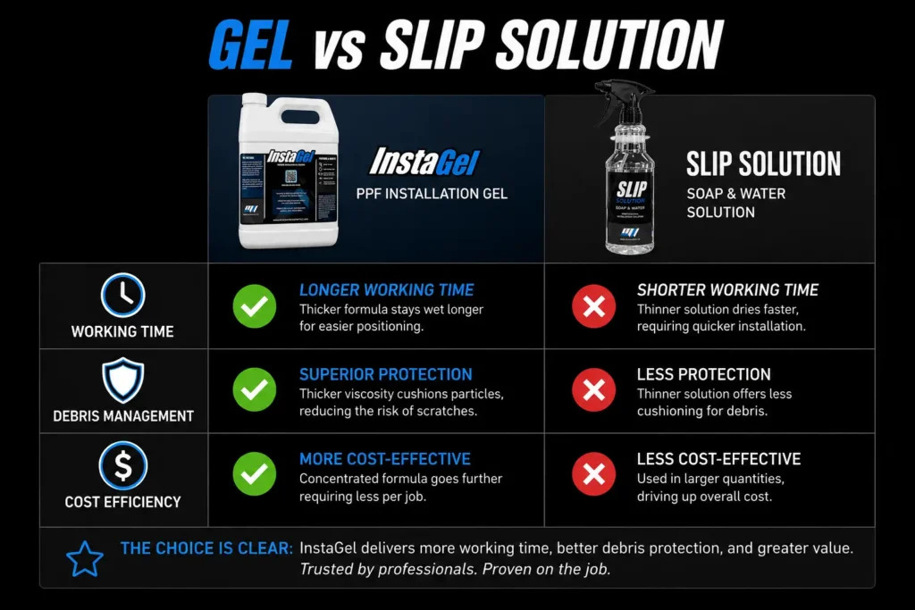 PPF installation gel vs slip solution comparison chart — working time, cost, debris management