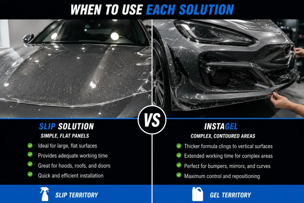 Simple flat panel PPF install vs complex bumper wrap — when to use slip solution vs PPF installation gel