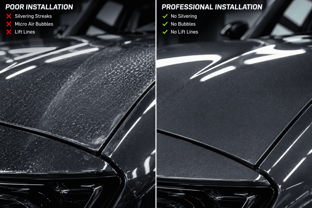 Close-up comparison of paint protection film silvering defects versus a flawless crystal-clear professional PPF installation.