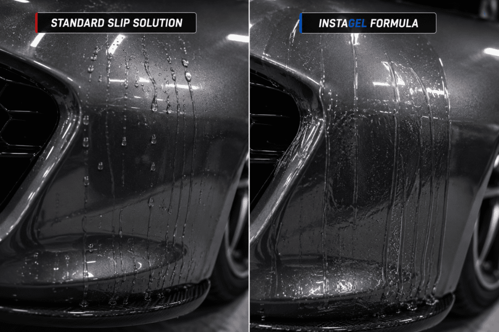 Side by side comparison showing standard slip solution running off a vertical car panel versus viscous InstaGel premium installation gel clinging to the surface