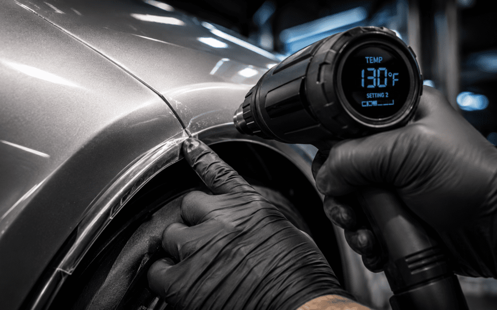 Using a heat gun at a controlled low temperature between 120 to 140 degrees Fahrenheit for final edge tacking on a vehicle fender flare.
