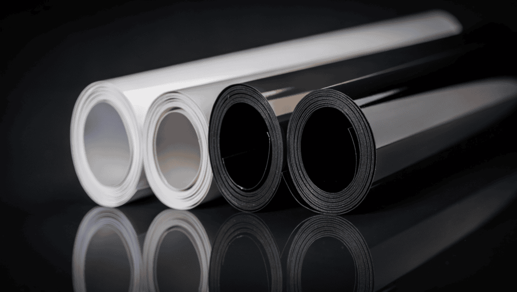 Rolls of automotive window tint film in graduated shades from light to dark