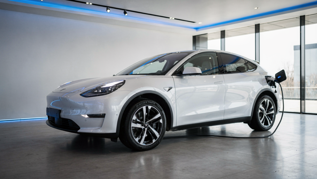 White electric SUV with ceramic window tint and paint protection film in a showroom