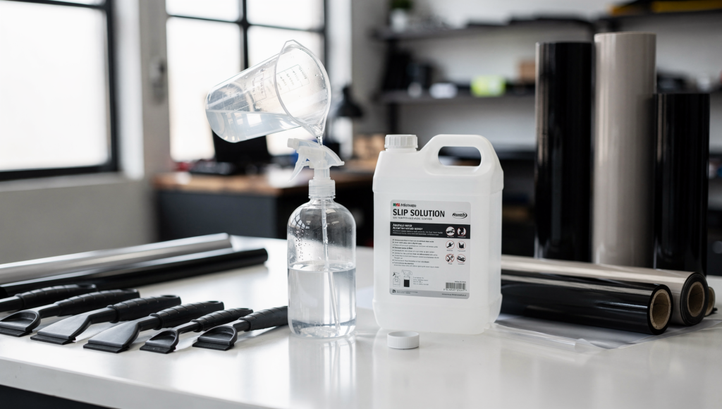 Spray bottle being filled with slip solution next to distilled water and squeegees on a tint shop bench