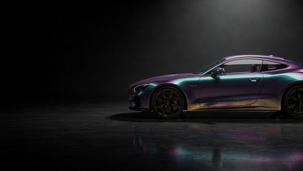 Sports car in iridescent color-shift chameleon paint protection film