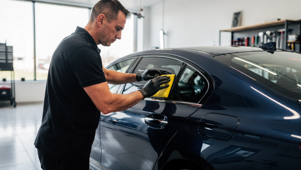Professional installer applying ceramic window tint film to a car window