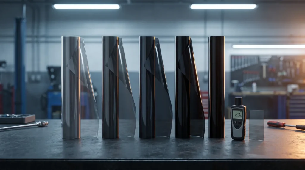 Rolls of ceramic window tint film in five shades from light to 5% beside a tint meter