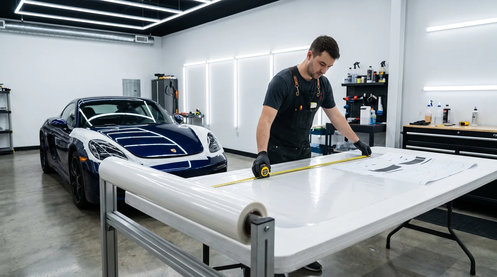 Installer measuring a cut from a 60-inch roll of clear paint protection film