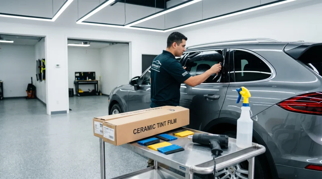 Technician applying ceramic window tint to an SUV in a newly opened tint shop bay